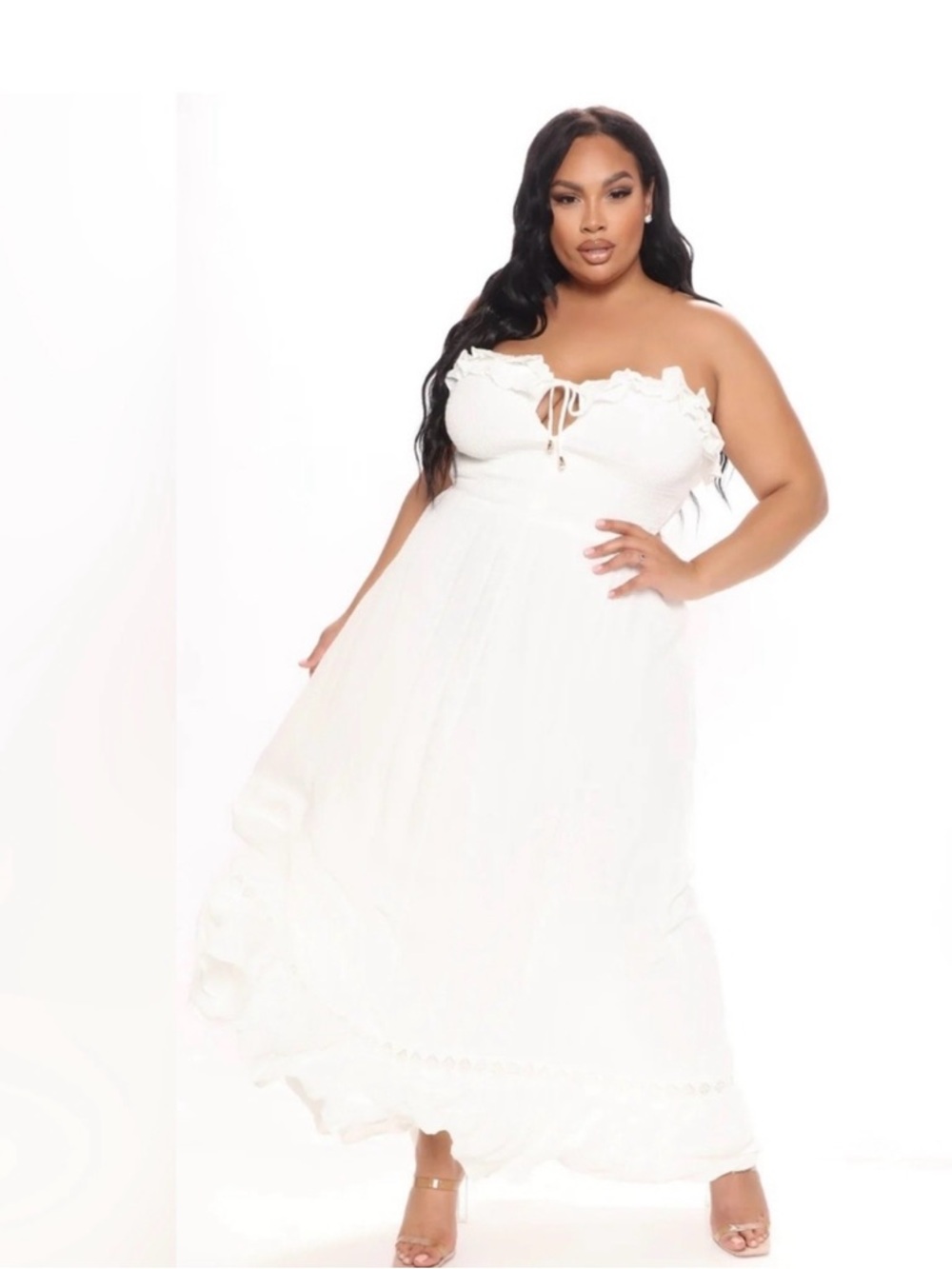 Fashion Nova White Strapless Ruffle Maxi Dress